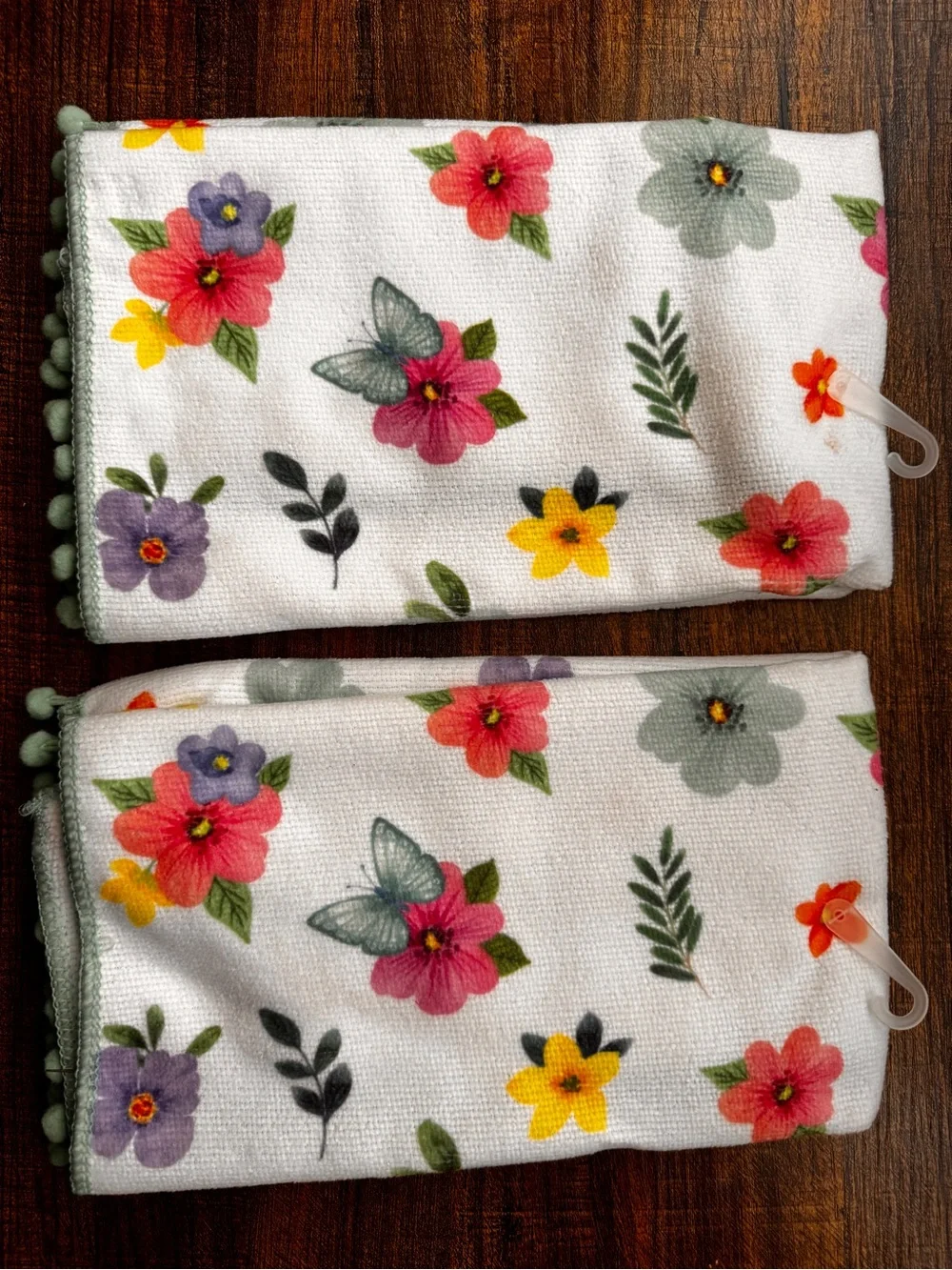 Set of 2 Hello Spring Floral Butterfly Kitchen Towels Pom Pom Trim NWT